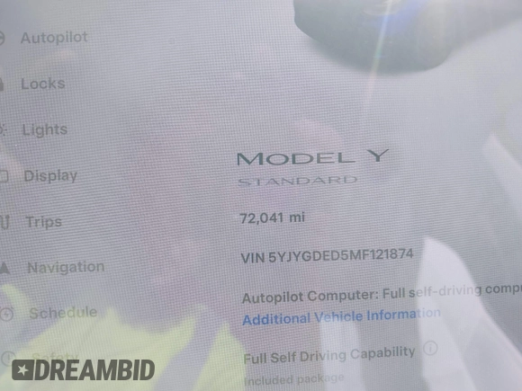 2021 Tesla Model Y Standard Range with VIN 5YJYGDED5MF121874, listed as a IAAI auction lot 41238170 with 72,041 mi miles and . Bid and sale history available at DreamBid. Image 15.