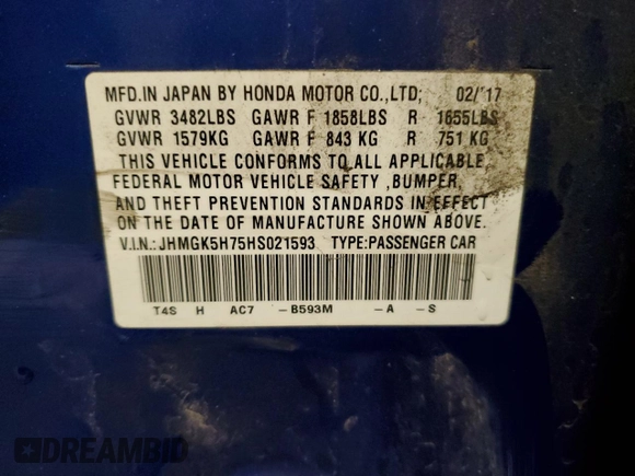2017 Honda Fit EX with VIN JHMGK5H75HS021593, listed as a Copart auction lot 55325795 with 69,049 mi miles and Non Repairable. Bid and sale history available at DreamBid. Image 12.