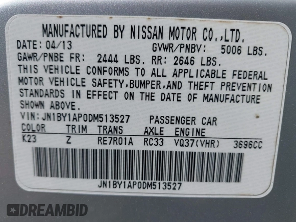 2013 Infiniti M with VIN JN1BY1AP0DM513527, listed as a IAAI auction lot 42170513 with 194,908 mi miles and . Bid and sale history available at DreamBid. Image 9.