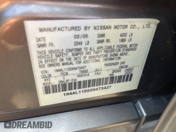 2005 Nissan Altima S z VIN 1N4AL11D55N473427, wystawiony jako Copart lot #62037005 z przebiegiem 120 611 mil mil oraz Czysty tytuł • Clean title. Historia ofert i sprzedaży dostępna na DreamBid. Obrazek 10.