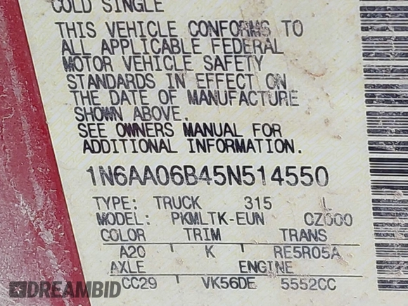 2005 Nissan Titan SE с VIN 1N6AA06B45N514550, выставлен на аукционе IAAI как лот 42579433 с пробегом 435 979 миль миль и . История ставок и продаж доступна на DreamBid. Изображение 9.