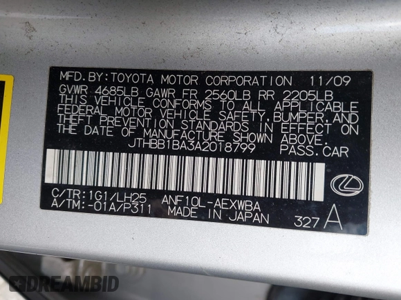 2010 Lexus HS 250h with VIN JTHBB1BA3A2018799, listed as a IAAI auction lot 42056815 with 220,768 mi miles. Bid and sale history available at carsss.com. Image 9.
