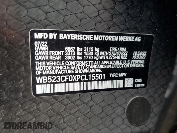 2023 BMW iX xDrive50 z VIN WB523CF0XPCL15501, wystawiony jako Copart lot #46117065 z przebiegiem 14 695 mil mil oraz Szkoda całkowita • Salvage title. Historia ofert i sprzedaży dostępna na DreamBid. Obrazek 13.