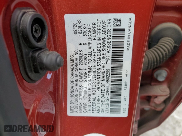 2020 Honda Civic LX with VIN 2HGFC2F69LH582299, listed as a Copart auction lot 47870445 with 75,603 mi miles and Salvage Title. Bid and sale history available at DreamBid. Image 12.
