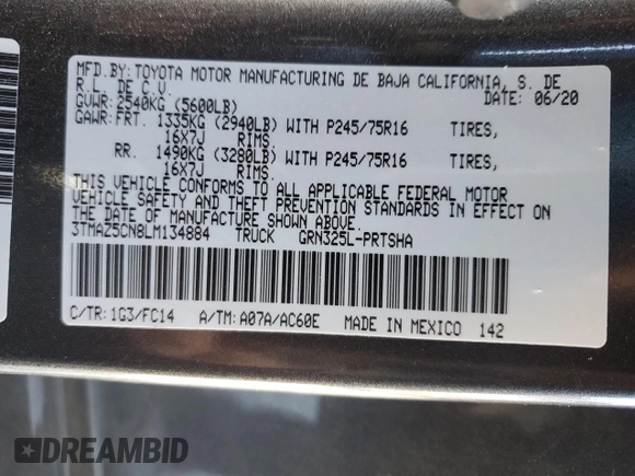 2020 Toyota Tacoma SR5 with VIN 3TMAZ5CN8LM134884, listed as a Copart auction lot 81489954 with 76,102 mi miles and Salvage title. Bid and sale history available at DreamBid. Image 14.