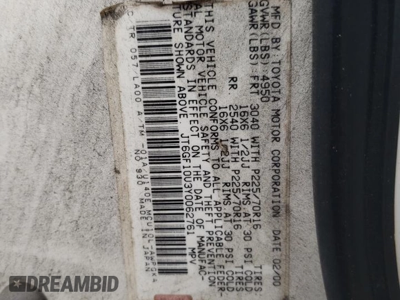 2000 Lexus RX 300 z VIN JT6GF10U3Y0062761, wystawiony jako Copart lot #44602235 z przebiegiem 234 749 mil mil oraz Szkoda całkowita • Salvage title. Historia ofert i sprzedaży dostępna na DreamBid. Obrazek 16.