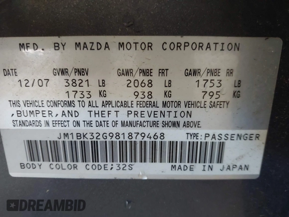 2008 Mazda 3 i Touring with VIN JM1BK32G981879468, listed as a IAAI auction lot 42224828 with 53,258 mi miles and . Bid and sale history available at DreamBid. Image 9.