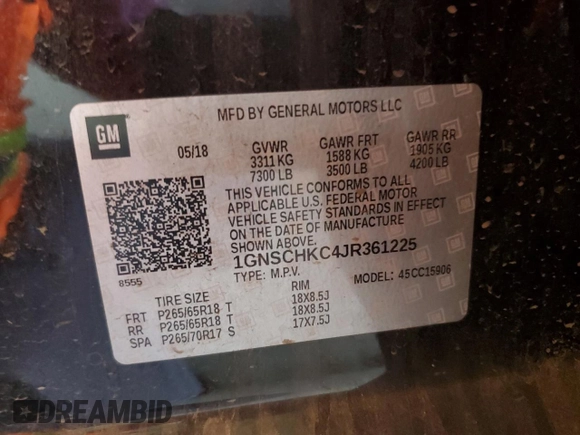 2018 Chevrolet Suburban LT with VIN 1GNSCHKC4JR361225, listed as a Copart auction lot 87774885 with 165,239 mi miles and Salvage Title. Bid and sale history available at carsss.com. Image 13.