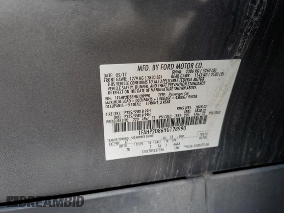 2017 Ford Taurus SE with VIN 1FAHP2D86HG128990, listed as a Copart auction lot 43586595 with 89,620 mi miles and Salvage Title. Bid and sale history available at DreamBid. Image 12.