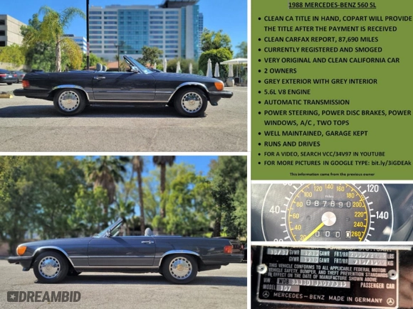 1988 Mercedes-Benz 560 Series 560SL with VIN WDBBA48D1JA077345, listed as a Copart auction lot 79681234 with 87,690 mi miles and Clean Title. Bid and sale history available at carsss.com. Image 10.