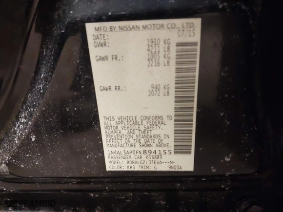 2015 Nissan Altima 2.5 with VIN 1N4AL3AP0FN894155, listed as a IAAI auction lot 41682914 with 150,200 mi miles. Bid and sale history available at carsss.com. Image 9.