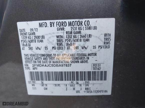 2013 Ford Edge SEL with VIN 2FMDK4JC5DBA97837, listed as a IAAI auction lot 41549296 with 128,943 mi miles. Bid and sale history available at carsss.com. Image 9.