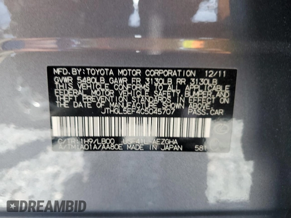 2012 Lexus LS 460 L with VIN JTHGL5EF4C5045707, listed as a Copart auction lot 50131625 with 163,099 mi miles and Non repairable. Bid and sale history available at DreamBid. Image 12.