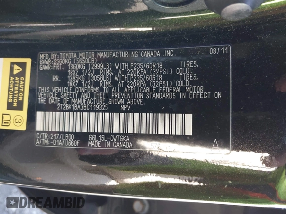 2011 Lexus RX 350 with VIN 2T2BK1BA3BC119325, listed as a IAAI auction lot 41828468 with Not Provided miles and . Bid and sale history available at DreamBid. Image 9.