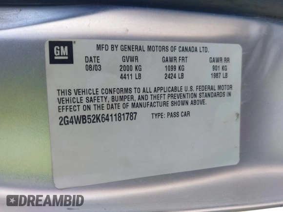 2004 Buick Regal LS with VIN 2G4WB52K641181787, listed as a IAAI auction lot 42687882 with Not provided miles and . Bid and sale history available at DreamBid. Image 9.