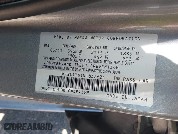 2013 Mazda 3 i SV with VIN JM1BL1TG1D1832624, listed as a IAAI auction lot 42372225 with 177,506 mi miles and . Bid and sale history available at DreamBid. Image 9.