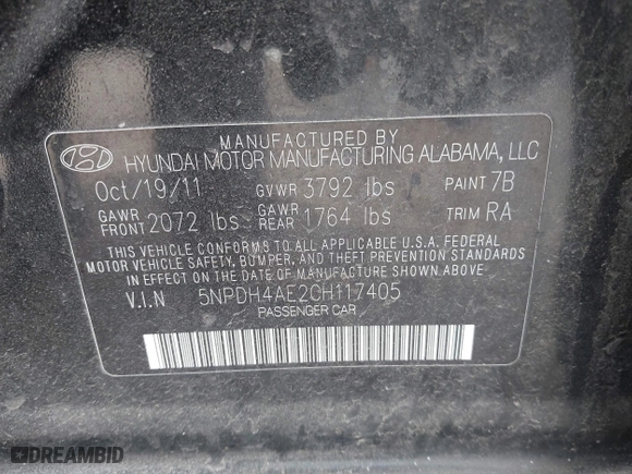 2012 Hyundai Elantra GLS with VIN 5NPDH4AE2CH117405, listed as a IAAI auction lot 41916422 with 149,121 mi miles. Bid and sale history available at carsss.com. Image 9.