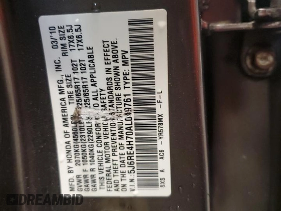 2010 Honda CR-V EX-L with VIN 5J6RE4H70AL049761, listed as a Copart auction lot 54764205 with 180,272 mi miles and Salvage title. Bid and sale history available at DreamBid. Image 13.