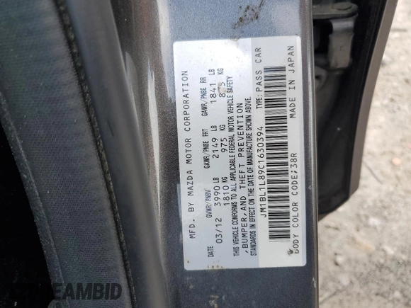 2012 Mazda 3 i Touring with VIN JM1BL1L89C1630394, listed as a Copart auction lot 55719395 with 154,706 mi miles and Clean title. Bid and sale history available at DreamBid. Image 13.