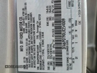 2020 Ford Fusion SE with VIN 3FA6P0T90LR254009, listed as a Copart auction lot 60367275 with 42,950 mi miles and Salvage title. Bid and sale history available at DreamBid. Image 12.