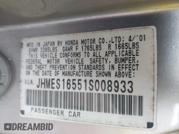 2001 Honda Civic LX with VIN JHMES16551S008933, listed as a IAAI auction lot 41912653 with 142,277 mi miles and . Bid and sale history available at DreamBid. Image 9.
