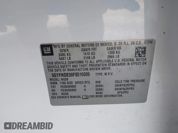 2015 Cadillac SRX Premium Collection with VIN 3GYFNDE38FS516009, listed as a IAAI auction lot 41785462 with 68,738 mi miles. Bid and sale history available at carsss.com. Image 9.
