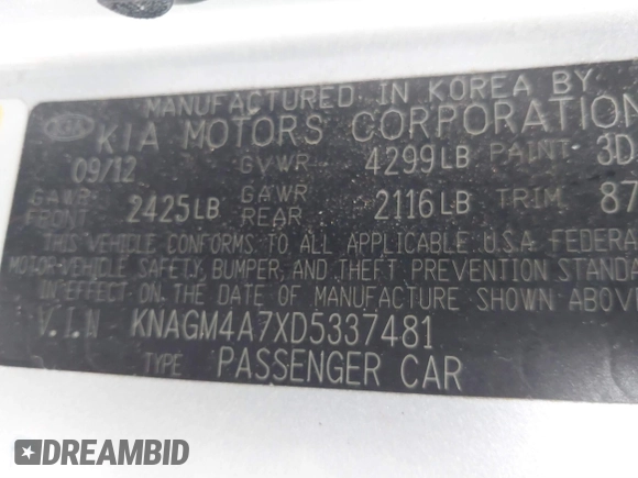 2013 Kia Optima LX with VIN KNAGM4A7XD5337481, listed as a IAAI auction lot 41195440 with 118,116 mi miles. Bid and sale history available at carsss.com. Image 9.