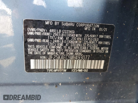 2021 Subaru Forester Premium with VIN JF2SKAFC5MH493077, listed as a Copart auction lot 55072795 with 132,719 mi miles and Salvage title. Bid and sale history available at DreamBid. Image 13.