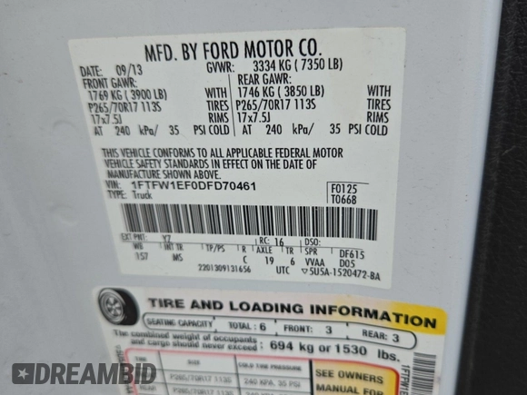 2013 Ford F-150 XL with VIN 1FTFW1EF0DFD70461, listed as a IAAI auction lot 42829299 with 143,538 mi miles and . Bid and sale history available at DreamBid. Image 30.