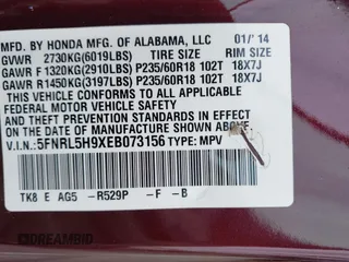 2014 Honda Odyssey Touring with VIN 5FNRL5H9XEB073156, listed as a IAAI auction lot 41990714 with 166,129 mi miles and . Bid and sale history available at DreamBid. Image 9.