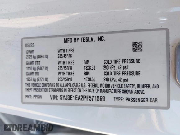 2023 Tesla Model 3 with VIN 5YJ3E1EA2PF571569, listed as a IAAI auction lot 42288715 with 30,271 mi miles and . Bid and sale history available at DreamBid. Image 9.