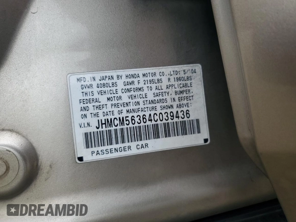 2004 Honda Accord LX z VIN JHMCM56364C039436, wystawiony jako Copart lot #59931105 z przebiegiem 238 877 mil mil oraz Szkoda całkowita • Salvage title. Historia ofert i sprzedaży dostępna na DreamBid. Obrazek 12.