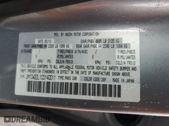 2012 Mazda 5 Grand Touring with VIN JM1CW2DL1C0140011, listed as a Copart auction lot 55792455 with 101,962 mi miles and Clean Title. Bid and sale history available at DreamBid. Image 13.