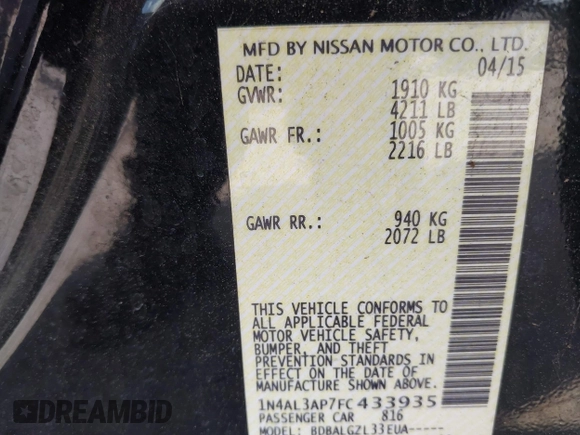 2015 Nissan Altima 2.5 S with VIN 1N4AL3AP7FC433935, listed as a IAAI auction lot 41932675 with 143,865 mi miles. Bid and sale history available at carsss.com. Image 9.