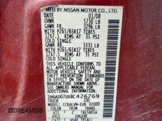 2008 Nissan Frontier SE with VIN 1N6AD07UX8C426769, listed as a Copart auction lot 65085285 with 144,204 mi miles and Clean title. Bid and sale history available at DreamBid. Image 12.