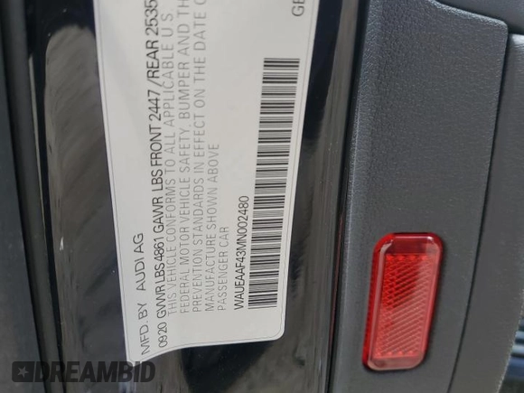 2021 Audi A4 S line Premium Plus with VIN WAUEAAF43MN002480, listed as a Copart auction lot 50834195 with 31,183 mi miles and Salvage Title. Bid and sale history available at DreamBid. Image 14.