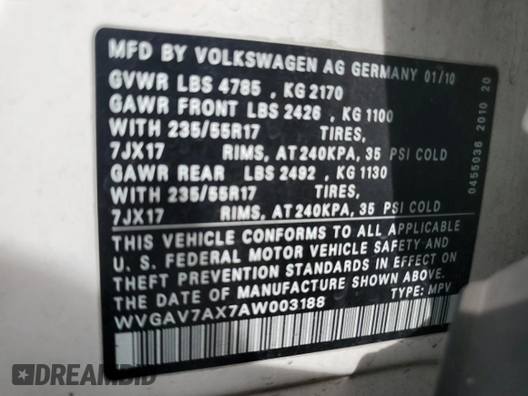 2010 Volkswagen Tiguan Wolfsburg Edition with VIN WVGAV7AX7AW003188, listed as a Copart auction lot 56692535 with 121,502 mi miles and Salvage title. Bid and sale history available at DreamBid. Image 13.