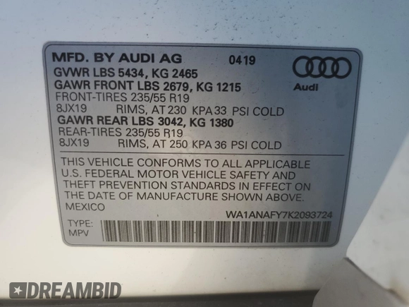 2019 Audi Q5 Premium with VIN WA1ANAFY7K2093724, listed as a Copart auction lot 72081352 with 36,450 mi miles. Bid and sale history available at carsss.com. Image 14.