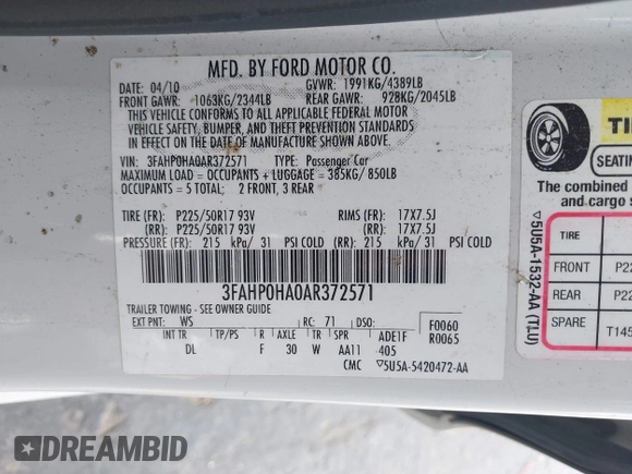 2010 Ford Fusion SE with VIN 3FAHP0HA0AR372571, listed as a IAAI auction lot 41878961 with 183,520 mi miles and . Bid and sale history available at DreamBid. Image 9.