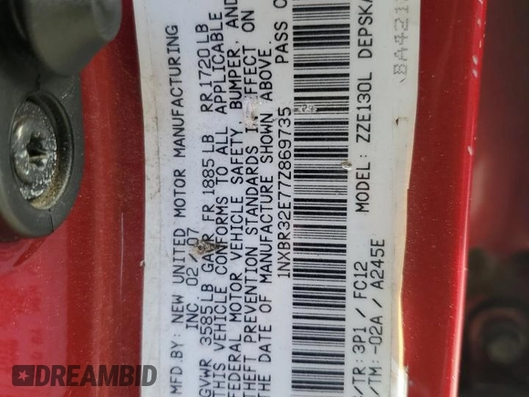 2007 Toyota Corolla CE with VIN 1NXBR32E77Z869735, listed as a Copart auction lot 46121055 with 273,965 mi miles and Salvage Title. Bid and sale history available at DreamBid. Image 12.