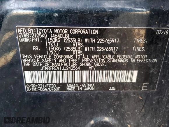 2018 Toyota RAV4 XLE z VIN JTMRFREV1JJ242564, wystawiony jako Copart lot #59093405 z przebiegiem 111 174 mil mil oraz Szkoda całkowita • Salvage title. Historia ofert i sprzedaży dostępna na DreamBid. Obrazek 13.