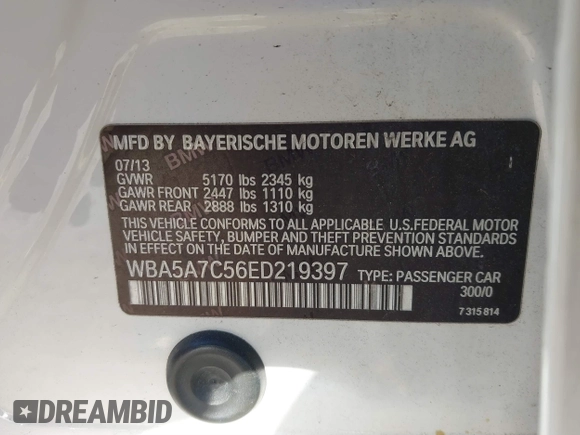 2014 BMW 5 Series 528i xDrive with VIN WBA5A7C56ED219397, listed as a IAAI auction lot 41187016 with 140,814 mi miles and . Bid and sale history available at DreamBid. Image 9.