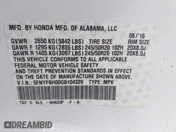 2016 Honda Pilot Elite with VIN 5FNYF6H00GB104329, listed as a IAAI auction lot 41905390 with 125,501 mi miles. Bid and sale history available at carsss.com. Image 9.