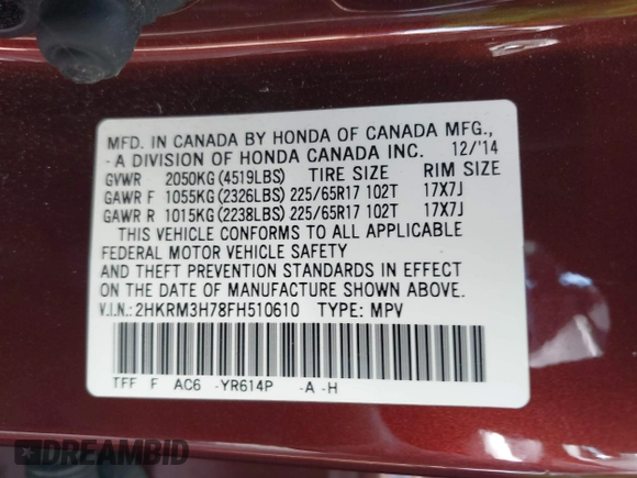 2015 Honda CR-V EX-L with VIN 2HKRM3H78FH510610, listed as a IAAI auction lot 41993196 with Not Provided miles and . Bid and sale history available at carsss.com. Image 9.