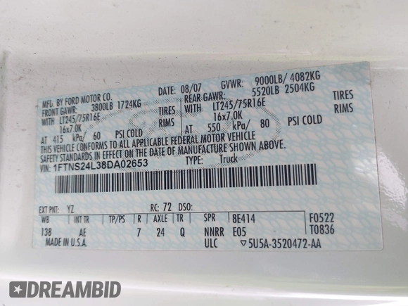 2008 Ford Econoline Cargo Commercial with VIN 1FTNS24L38DA02653, listed as a IAAI auction lot 41118303 with 185,433 mi miles and . Bid and sale history available at DreamBid. Image 9.