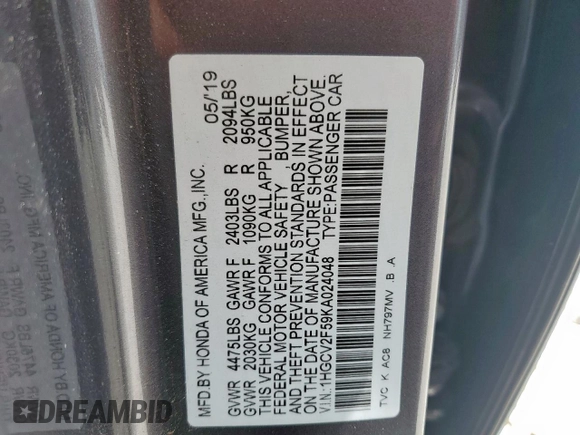 2019 Honda Accord EX-L with VIN 1HGCV2F59KA024048, listed as a Copart auction lot 62312285 with 63,510 mi miles and Salvage title. Bid and sale history available at DreamBid. Image 12.