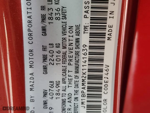 2019 Mazda Mazda3 Hatchback w/Preferred Pkg with VIN JM1BPAMM2K1141639, listed as a Copart auction lot 87246204 with 105,868 mi miles and Non Repairable. Bid and sale history available at carsss.com. Image 13.