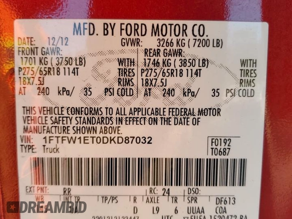 2013 Ford F-150 XL with VIN 1FTFW1ET0DKD87032, listed as a Copart auction lot 83525414 with Not Provided miles and Salvage Title. Bid and sale history available at carsss.com. Image 12.