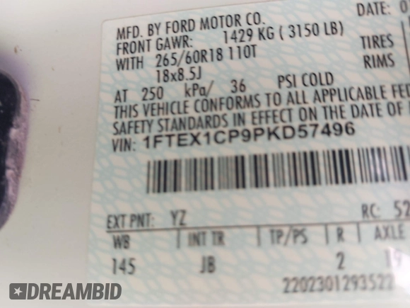 2023 Ford F-150 XL with VIN 1FTEX1CP9PKD57496, listed as a IAAI auction lot 40744859 with 56,487 mi miles and . Bid and sale history available at DreamBid. Image 9.