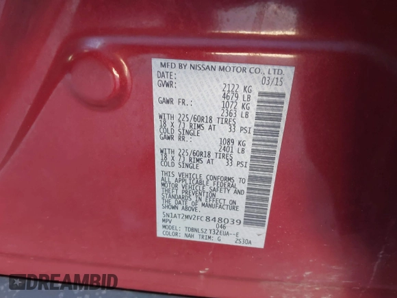 2015 Nissan Rogue SL with VIN 5N1AT2MV2FC848039, listed as a IAAI auction lot 41892155 with 120,401 mi miles. Bid and sale history available at carsss.com. Image 9.